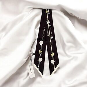 Chanel Black Camellia Flower Silk Scarf